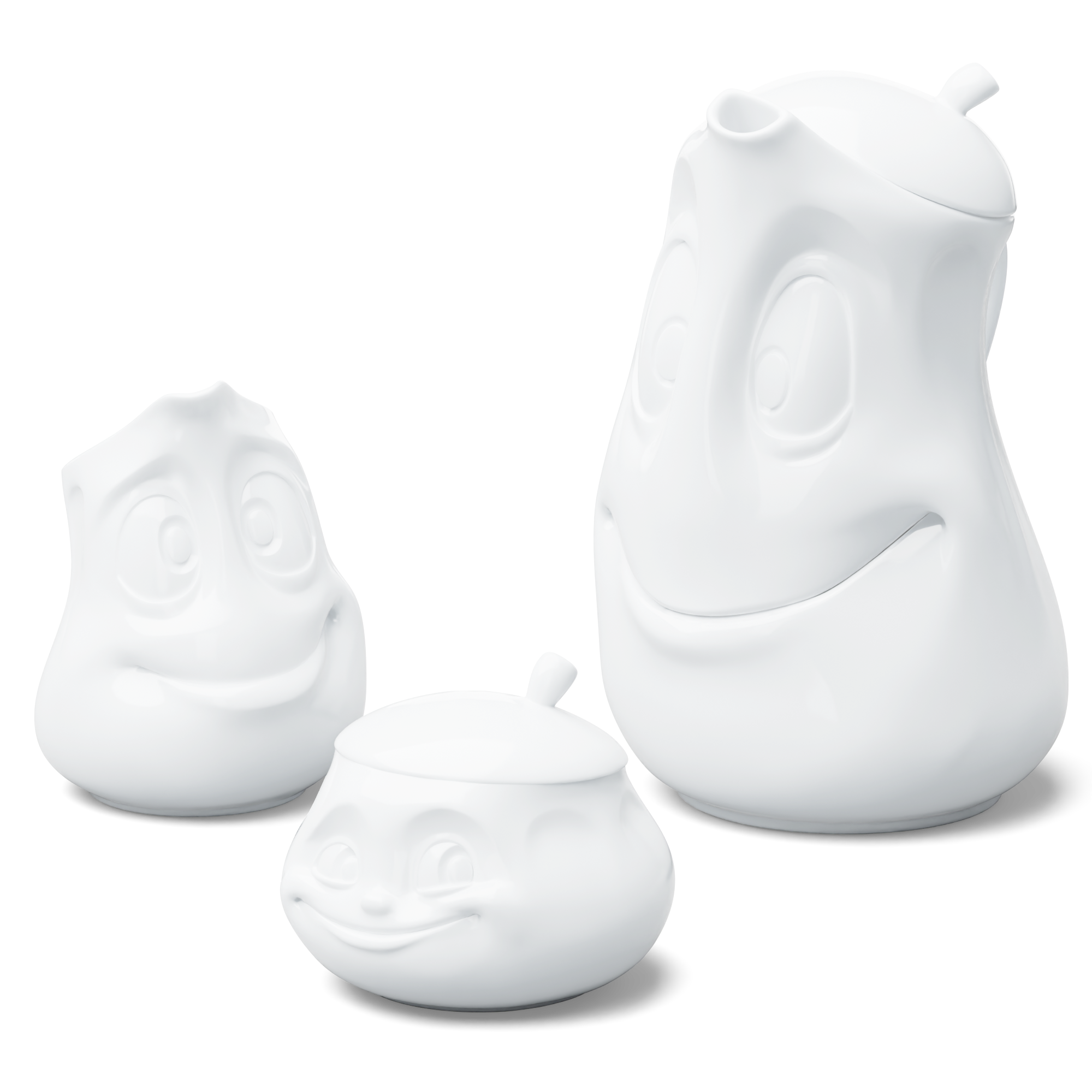 This exclusive set brings together three essential pieces: the Tea Pot (Good Mood) with lid, the Small Jug (Jolly), and the Sugar Bowl (Sweet) with lid.