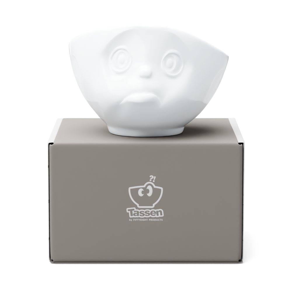Premium porcelain bowl in white from the porcelain product family of fun dishware by FIFTYEIGHT Products. Offers 16 oz capacity perfect for serving cereal, soup, snacks and much more. Dishwasher and microwave safe bowl featuring a sculpted ‘sulking’ facial expression. Shipped in exclusively designed gift box.