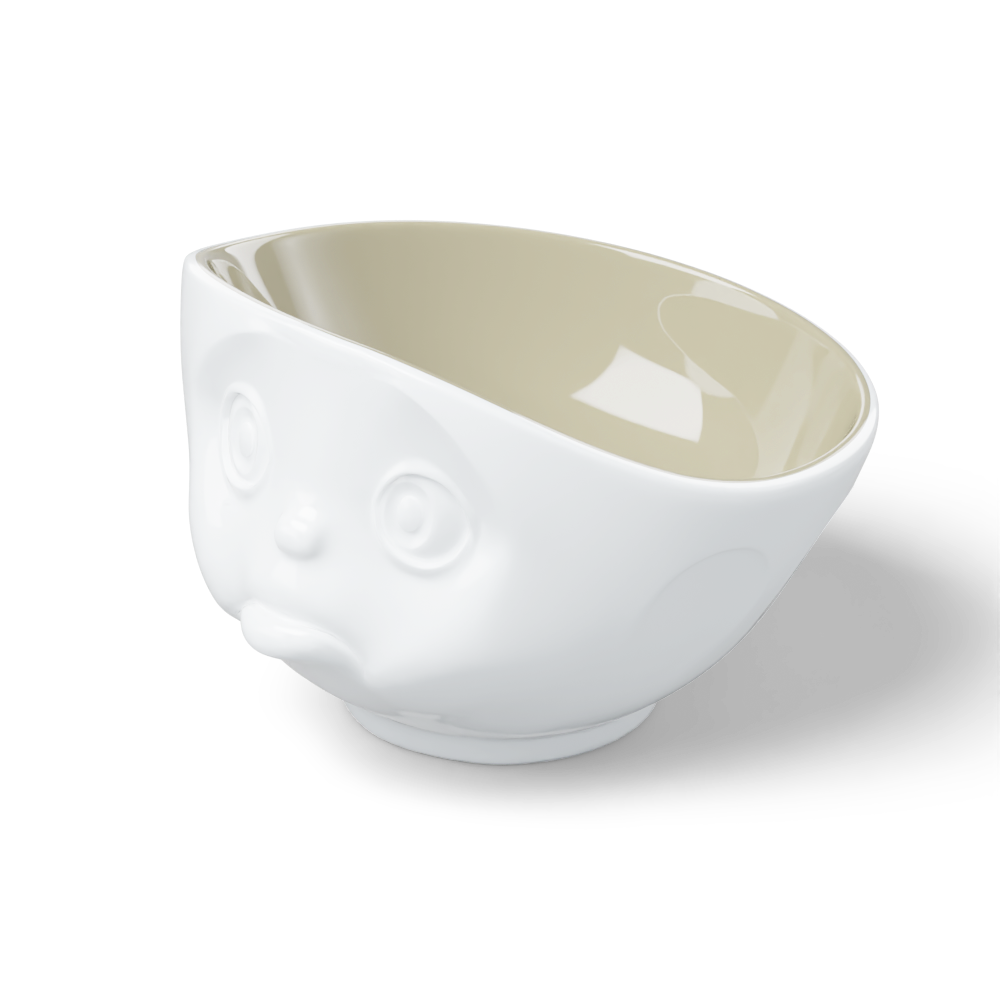 Premium porcelain bowl in white with sand color on the inside from the porcelain product family by FIFTYEIGHT Products. Offers 16oz capacity perfect for serving cereal, soup, snacks and much more. Dishwasher and microwave safe bowl featuring a sculpted ‘sulking’ facial expression. Shipped in exclusively designed gift box.