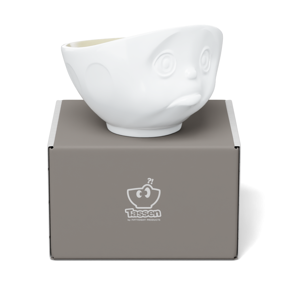Premium porcelain bowl in white with sand color on the inside from the porcelain product family by FIFTYEIGHT Products. Offers 16oz capacity perfect for serving cereal, soup, snacks and much more. Dishwasher and microwave safe bowl featuring a sculpted ‘sulking’ facial expression. Shipped in exclusively designed gift box.