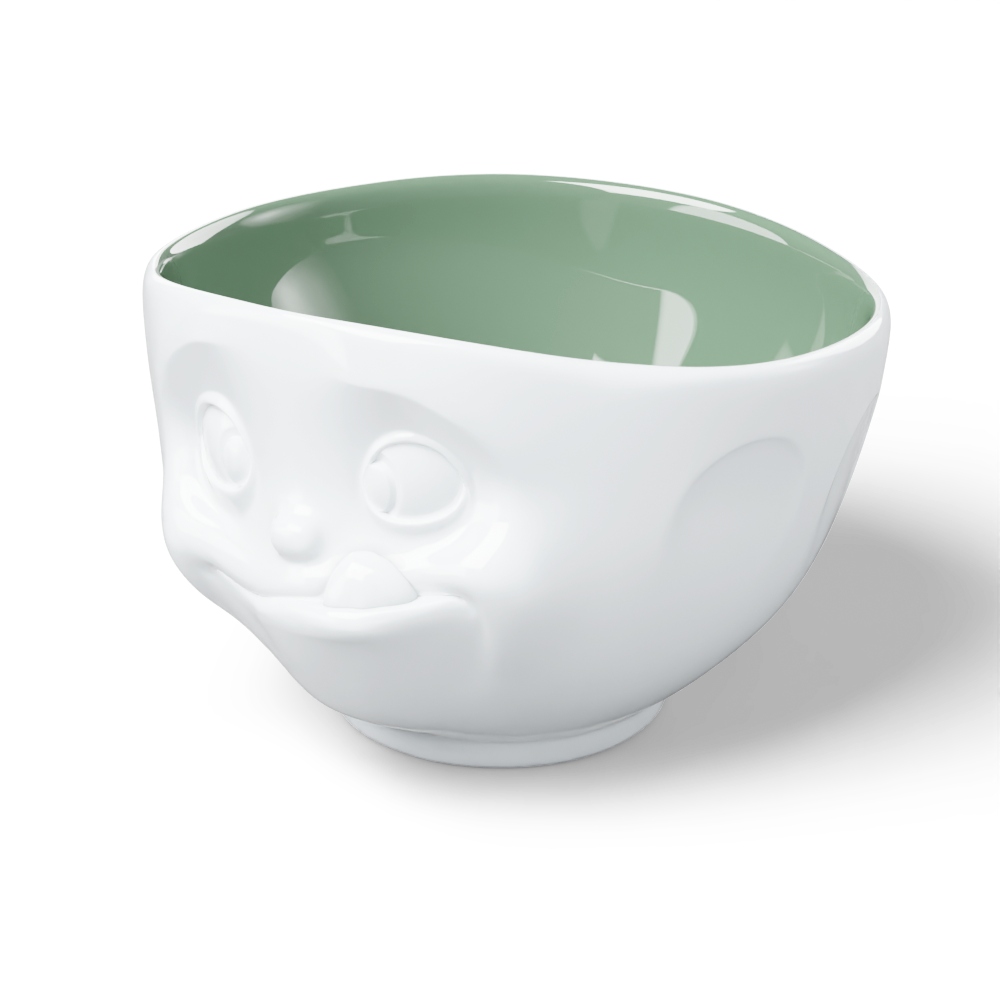 Premium porcelain bowl in white with pine color inside from the porcelain product family by FIFTYEIGHT Products. Offers 16 oz capacity perfect for serving cereal, soup, snacks and much more. Dishwasher and microwave safe bowl featuring a sculpted ‘tasty’ facial expression. Shipped in exclusively designed gift box.