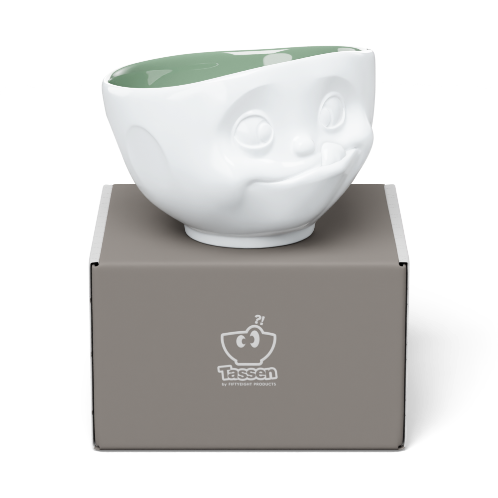 Premium porcelain bowl in white with pine color inside from the porcelain product family by FIFTYEIGHT Products. Offers 16 oz capacity perfect for serving cereal, soup, snacks and much more. Dishwasher and microwave safe bowl featuring a sculpted ‘tasty’ facial expression. Shipped in exclusively designed gift box.