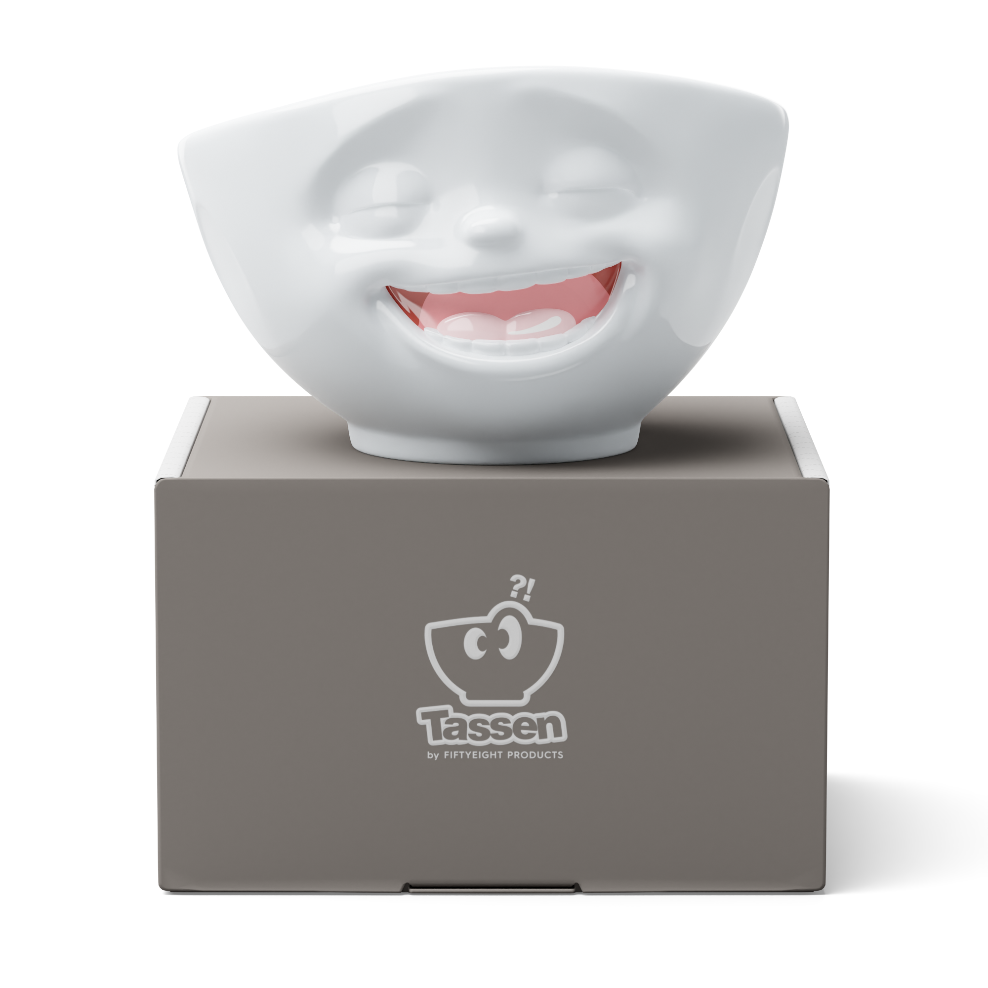Premium porcelain bowl with colorful accents from TASSEN product family of fun dishware by FIFTYEIGHT Products. Offers 16 oz capacity perfect for serving cereal, soup, snacks and much more. Dishwasher and microwave safe bowl featuring a ‘Laughing’ facial expression and colorful details. Shipped in gift box.