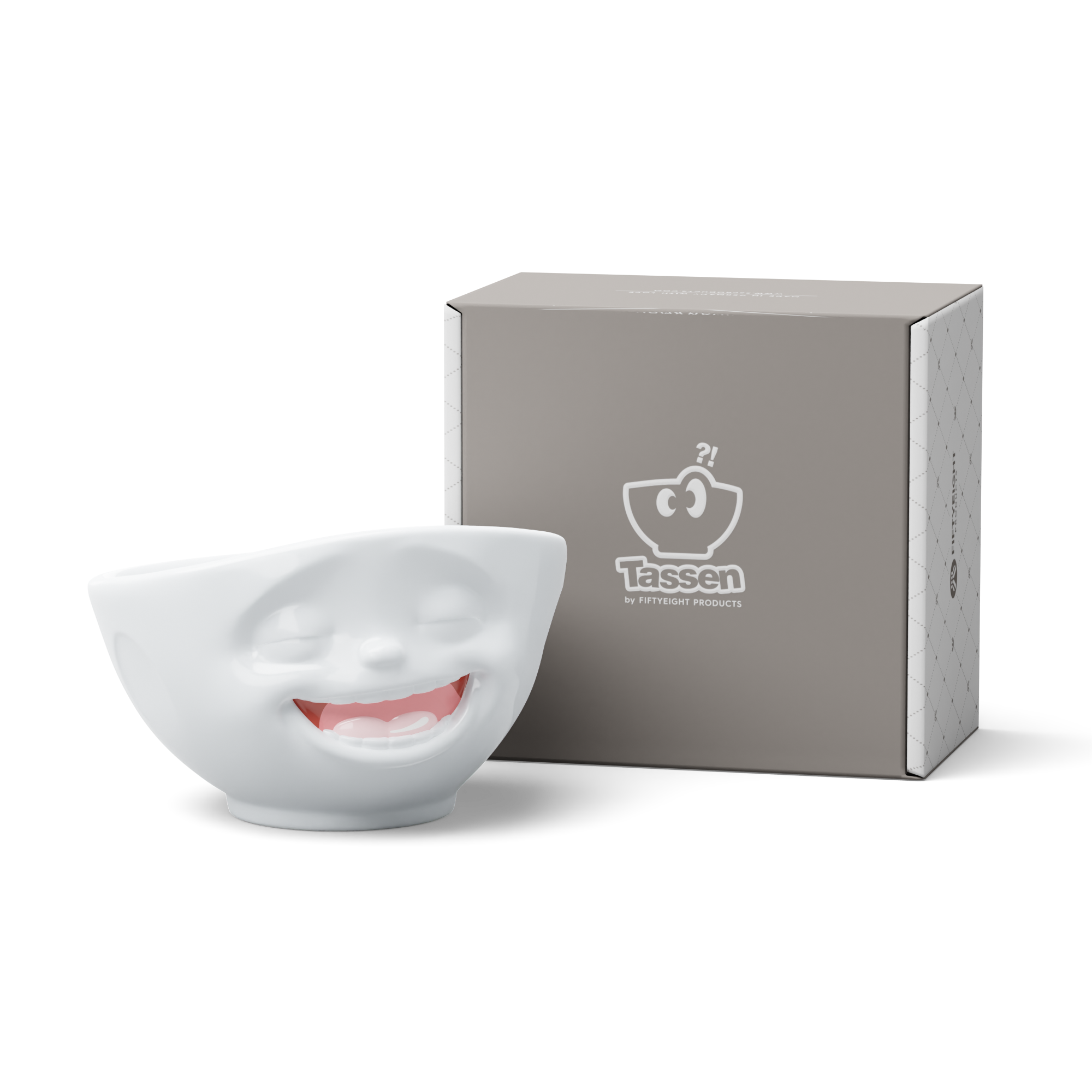 Premium porcelain bowl with colorful accents from TASSEN product family of fun dishware by FIFTYEIGHT Products. Offers 16 oz capacity perfect for serving cereal, soup, snacks and much more. Dishwasher and microwave safe bowl featuring a ‘Laughing’ facial expression and colorful details. Shipped in gift box.