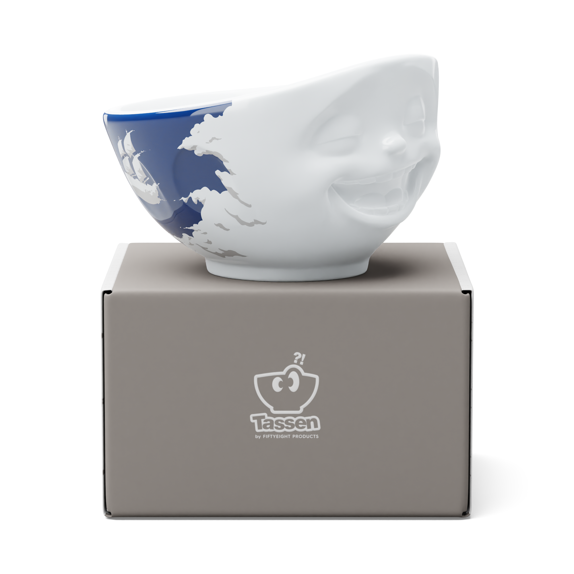 Premium porcelain bowl with colorful accents from TASSEN product family of fun dishware by FIFTYEIGHT Products. Offers 16 oz capacity perfect for serving cereal, soup, snacks and much more. Dishwasher and microwave safe bowl featuring a ‘laughing’ facial expression and colorful artwork in 'heavenly' design. Shipped in gift box.