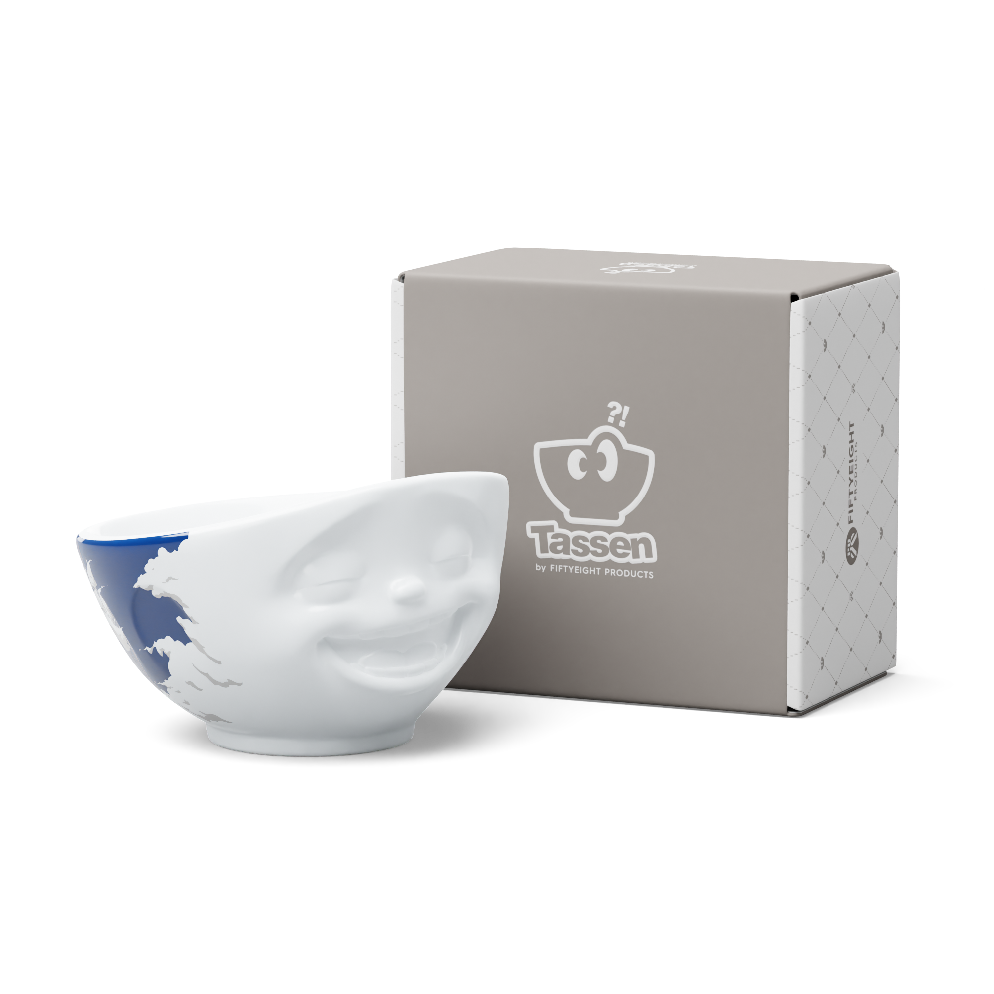 Premium porcelain bowl with colorful accents from TASSEN product family of fun dishware by FIFTYEIGHT Products. Offers 16 oz capacity perfect for serving cereal, soup, snacks and much more. Dishwasher and microwave safe bowl featuring a ‘laughing’ facial expression and colorful artwork in 'heavenly' design. Shipped in gift box.