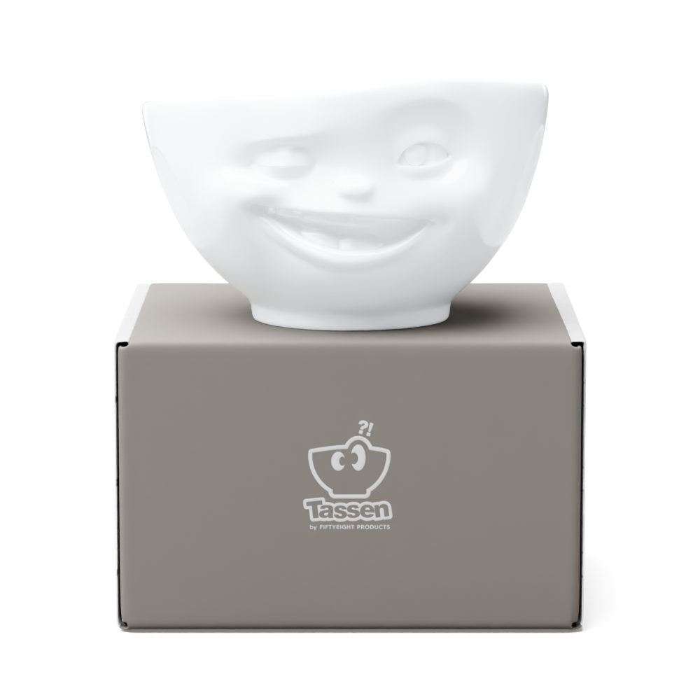 Premium porcelain bowl in white from the porcelain product family of fun dishware by FIFTYEIGHT Products. Offers 16 oz capacity perfect for serving cereal, soup, snacks and much more. Dishwasher and microwave safe bowl featuring a sculpted ‘winking’ facial expression. Shipped in exclusively designed gift box.