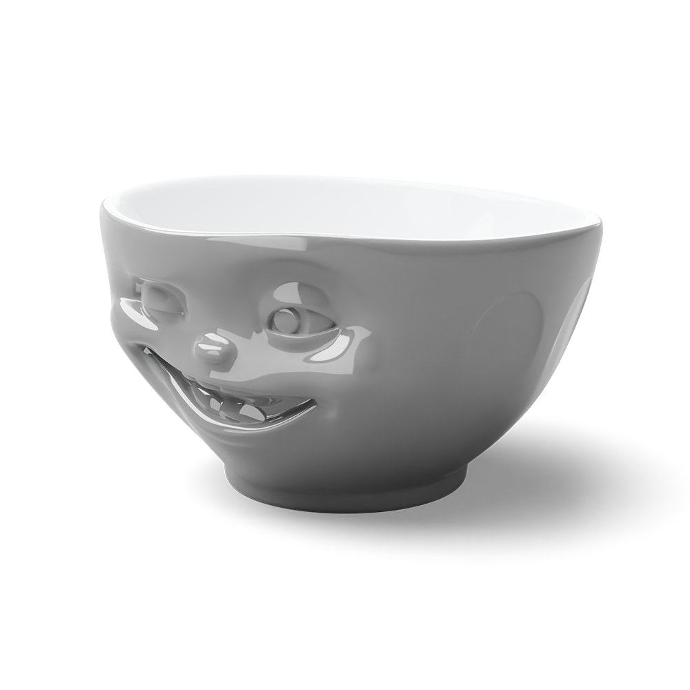 Premium porcelain bowl in grey color from the procelain product family of fun dishware by FIFTYEIGHT Products. Offers 16 oz capacity perfect for serving cereal, soup, snacks and much more. Dishwasher and microwave safe bowl featuring a sculpted ‘winking’ facial expression. Shipped in exclusively designed gift box.