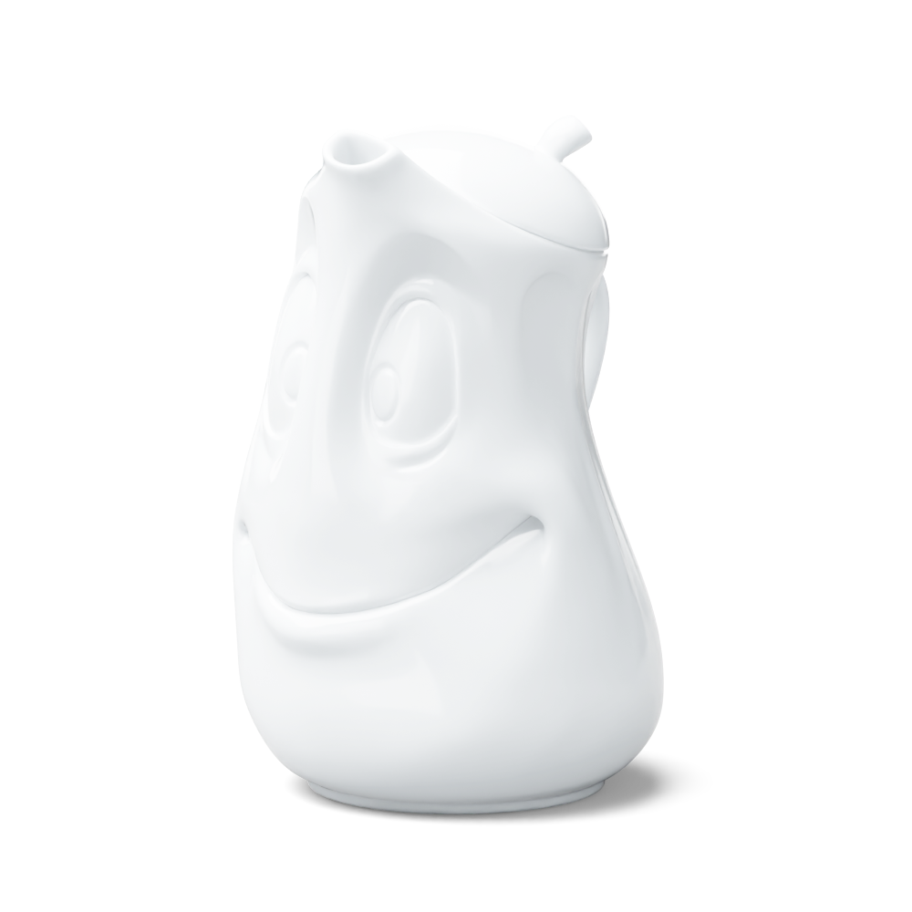 Porcelain tea pot in white featuring a 'good mood' facial expression and a generous 40 oz. capacity. Perfect for serving tea, coffee, punch, mulled wine and more. Detailed facial expression tea pot from the porcelain product family of fun dishware by FIFTYEIGHT Products. Shipped in exclusively designed gift box.