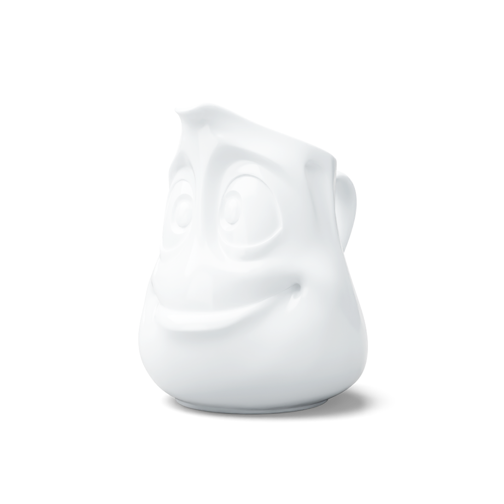 Premium porcelain creamer jug in white features a 'jolly' facial expression at 11 oz capacity. Serves milk, creamer, dressing, salsa, gazpacho, gravy, sauces and more. Detailed facial expression jug from the porcelain product family of fun dishware by FIFTYEIGHT Products. Shipped in exclusively designed gift box.