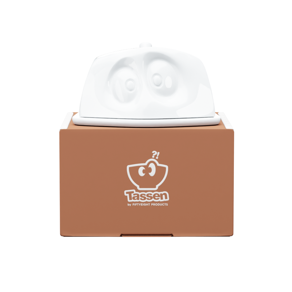 The butter dish is finally available in the US! Features a top tall enough to fit a large block of butter. From the porcelain product family of fun dishware by FIFTYEIGHT Products. Made in Germany according to environmental standards.