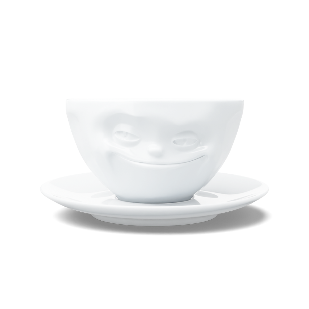 Premium porcelain coffee cup with saucer in white from the porcelain product family of fun dishware by FIFTYEIGHT Products. Offers 6.5 oz capacity and comes with a matching saucer. Dishwasher and microwave safe cup with a 'grinning' facial expression. Shipped in exclusively designed gift box.
