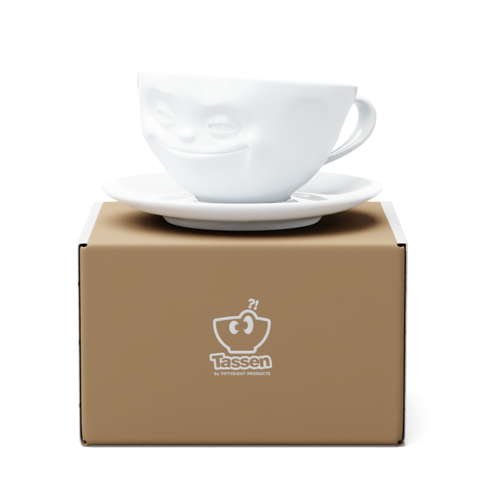 Premium porcelain coffee cup with saucer in white from the porcelain product family of fun dishware by FIFTYEIGHT Products. Offers 6.5 oz capacity and comes with a matching saucer. Dishwasher and microwave safe cup with a 'grinning' facial expression. Shipped in exclusively designed gift box.
