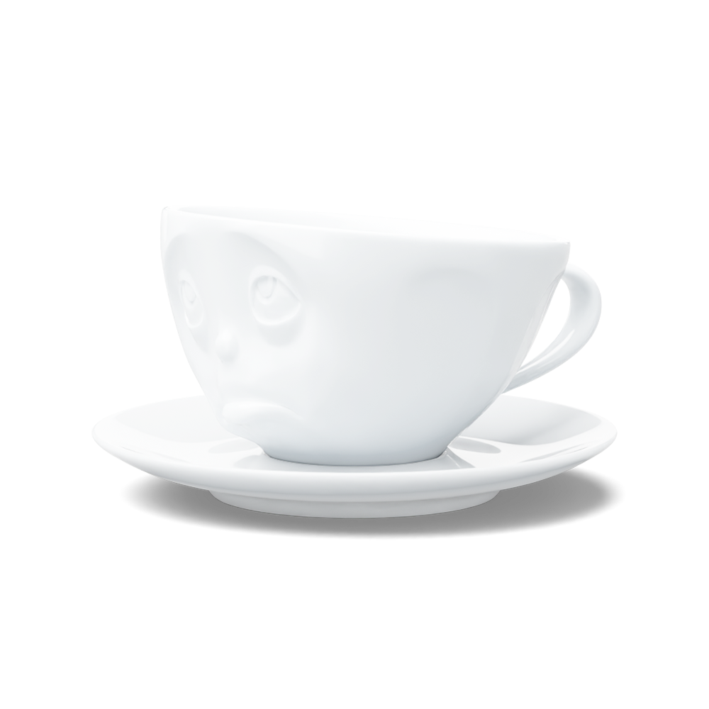 Coffee cup with a 'Oh Please' facial expression and 6.5 oz capacity. From the TASSEN product family of fun dishware by FIFTYEIGHT Products. Coffee cup with matching saucer crafted from quality porcelain.