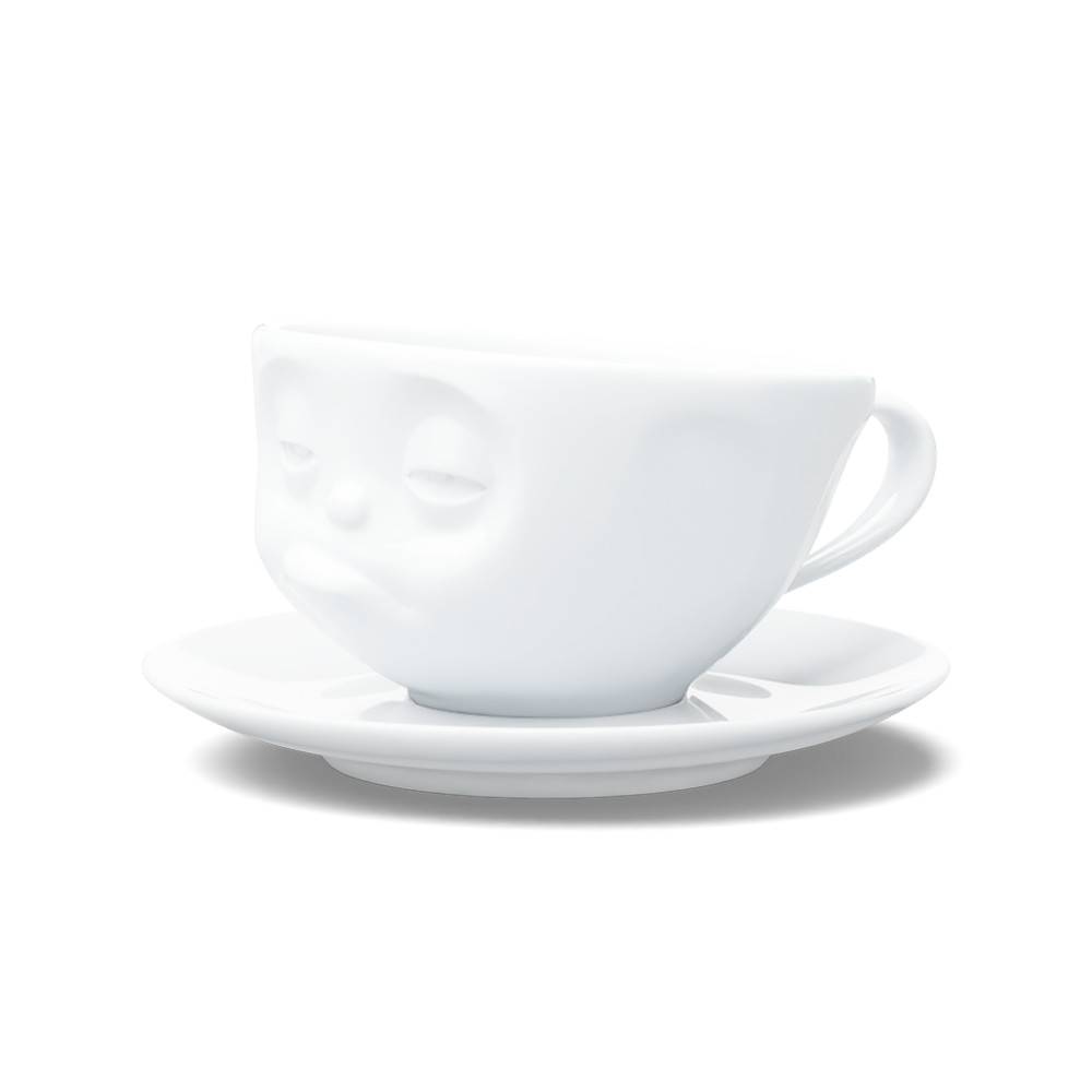 Premium porcelain coffee cup with saucer in white from the porcelain product family of fun dishware by FIFTYEIGHT Products. Offers 6.5 oz capacity and comes with a matching saucer. Dishwasher and microwave safe cup with a ''snoozy' facial expression. Shipped in exclusively designed gift box.