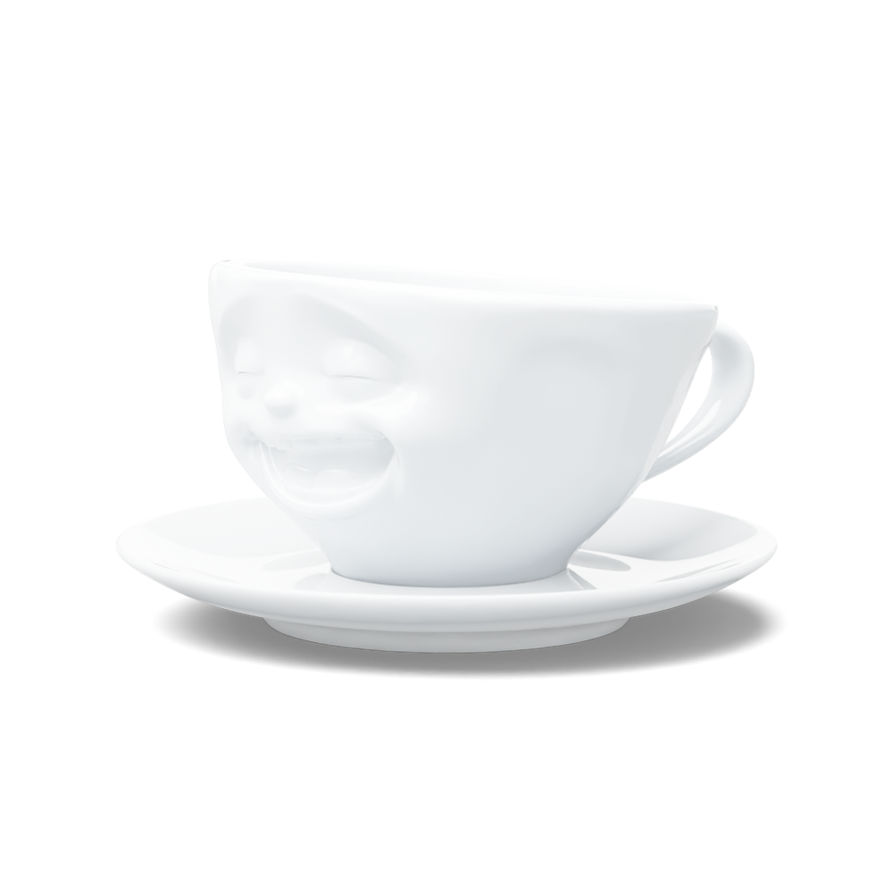 Premium porcelain coffee cup with saucer in white from the porcelain product family of fun dishware by FIFTYEIGHT Products. Offers 6.5 oz capacity and comes with a matching saucer. Dishwasher and microwave safe cup with a 'laughing' facial expression. Shipped in exclusively designed gift box.
