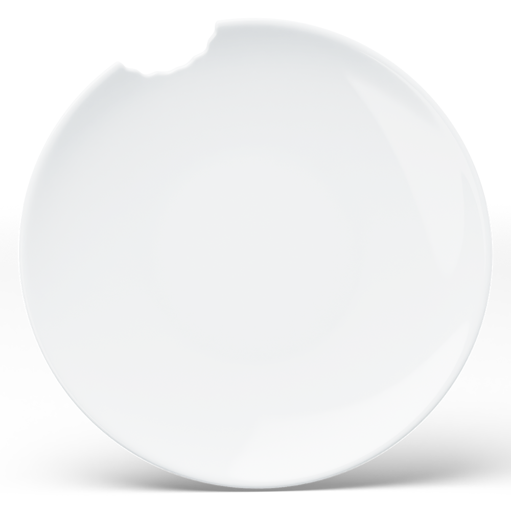 Set of two premium porcelain dinner plates in white with a 'bite mark' cutout at the edge. Dishwasher and microwave safes plate with a 11 inch diameter. From the porcelain product family of fun dishware by FIFTYEIGHT Products. Made in Germany according to environmental standards.