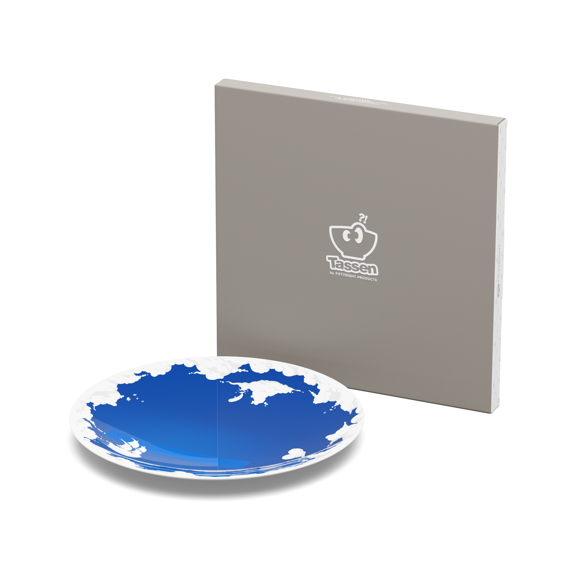 Porcelain dinner plate in featuring elaborate blue artwork with clouds and sailboats with 11 inch diameter. Premium porcelain in hotel quality, from the TASSEN product family of fun dishware by FIFTYEIGHT Products.