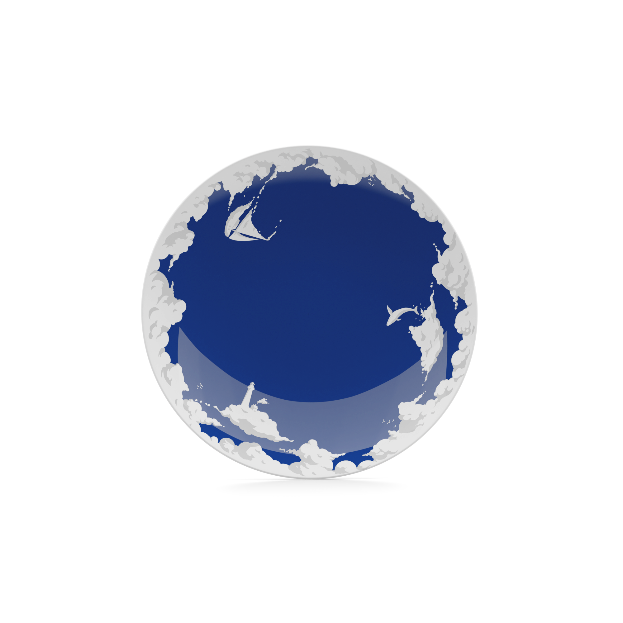 Porcelain dessert plate in featuring elaborate blue artwork with clouds and sailboats with 7.8 inch diameter. Premium porcelain in hotel quality, from the TASSEN product family of fun dishware by FIFTYEIGHT Products.