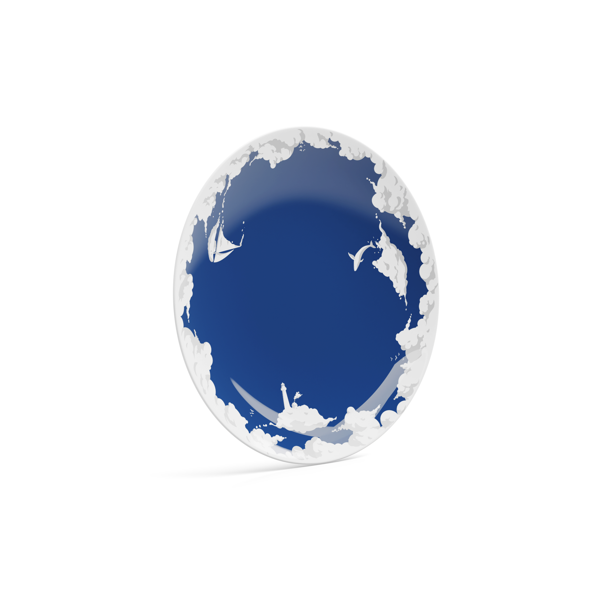 Porcelain dessert plate in featuring elaborate blue artwork with clouds and sailboats with 7.8 inch diameter. Premium porcelain in hotel quality, from the TASSEN product family of fun dishware by FIFTYEIGHT Products.