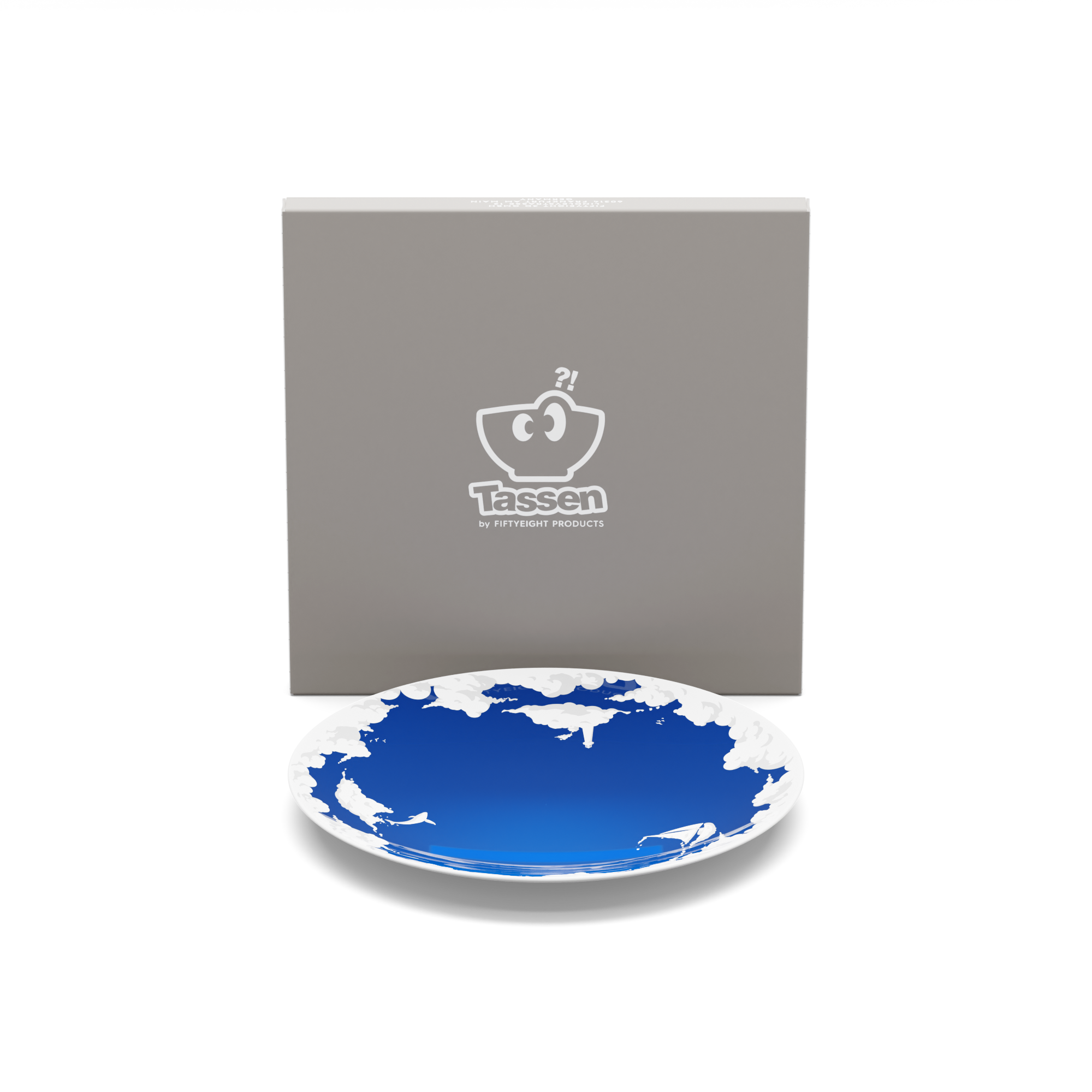 Porcelain dessert plate in featuring elaborate blue artwork with clouds and sailboats with 7.8 inch diameter. Premium porcelain in hotel quality, from the TASSEN product family of fun dishware by FIFTYEIGHT Products.