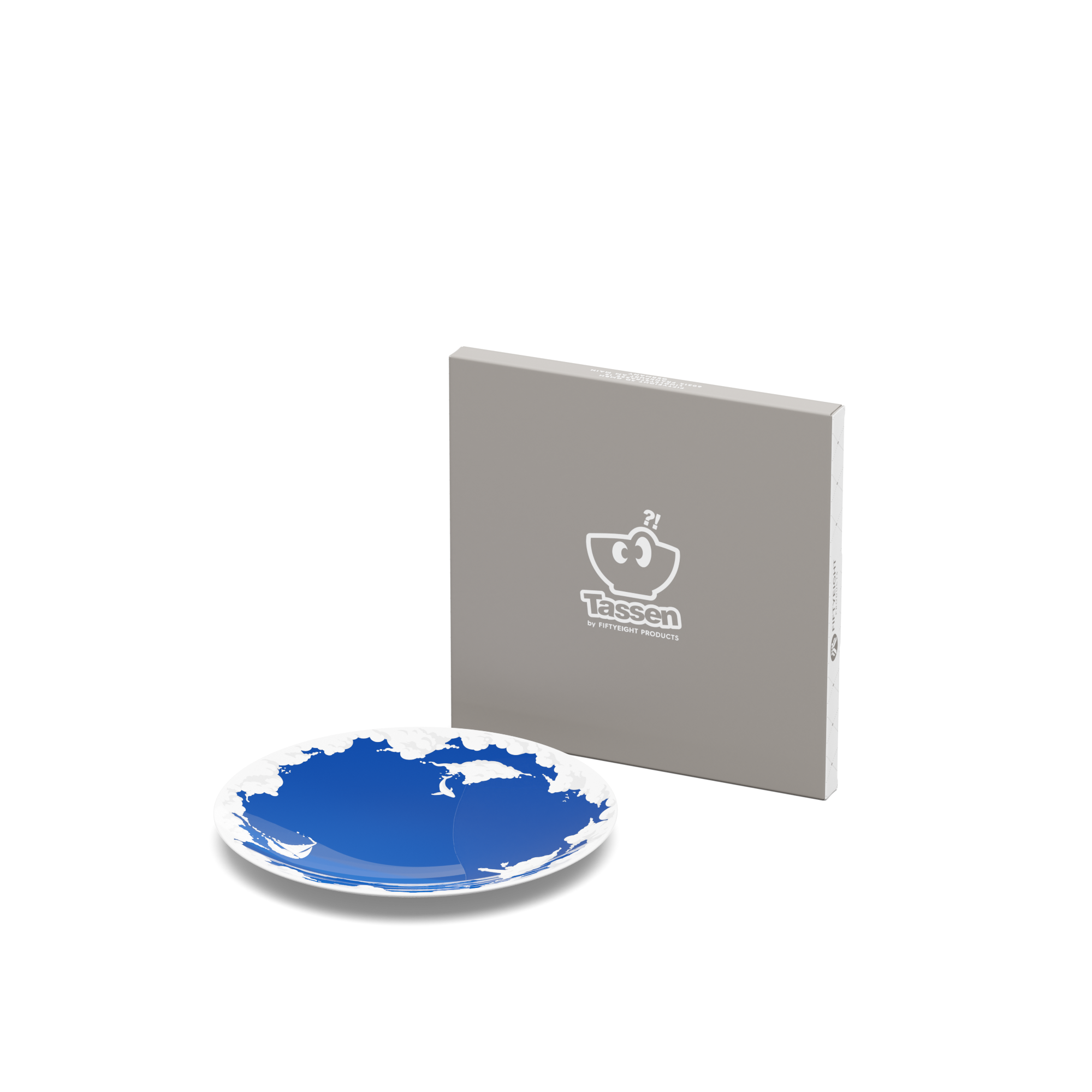 Porcelain dessert plate in featuring elaborate blue artwork with clouds and sailboats with 7.8 inch diameter. Premium porcelain in hotel quality, from the TASSEN product family of fun dishware by FIFTYEIGHT Products.