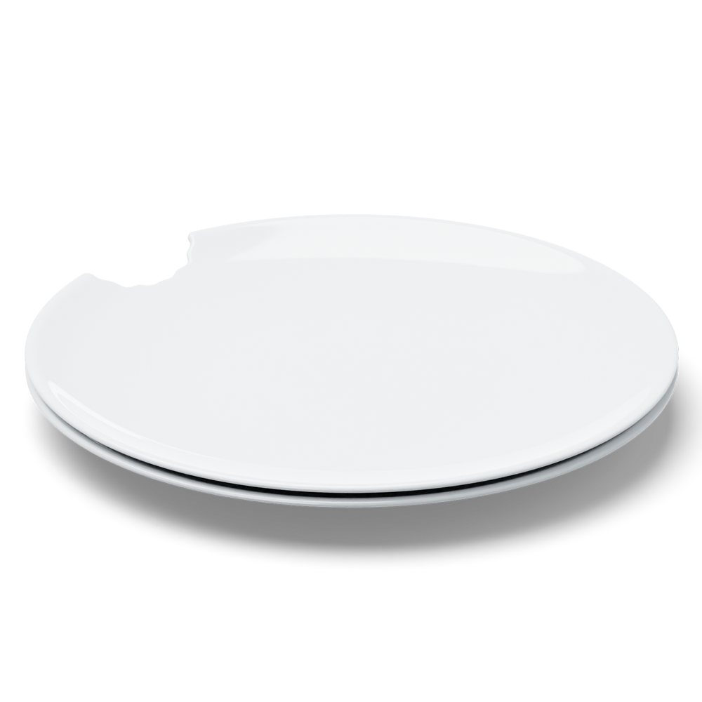 Set of two premium porcelain dinner plates in white with a 'bite mark' cutout at the edge. Dishwasher and microwave safes plate with a 11 inch diameter. From the porcelain product family of fun dishware by FIFTYEIGHT Products. Made in Germany according to environmental standards.