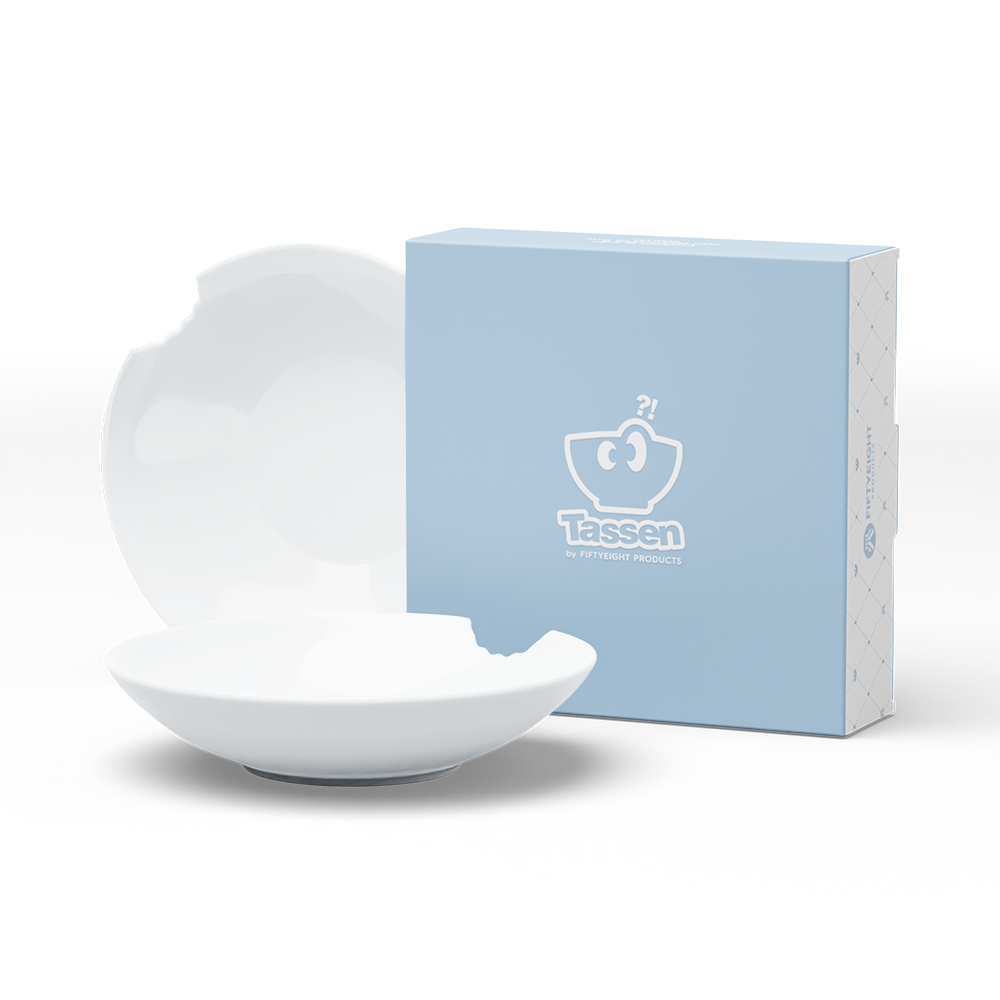 Set of two premium porcelain small deep plates in white with a 'bite mark' cutout at the edge. Dishwasher and microwave safes plate with a compact 7.1 inch diameter. From the porcelain product family of fun dishware by FIFTYEIGHT Products. Made in Germany according to environmental standards.