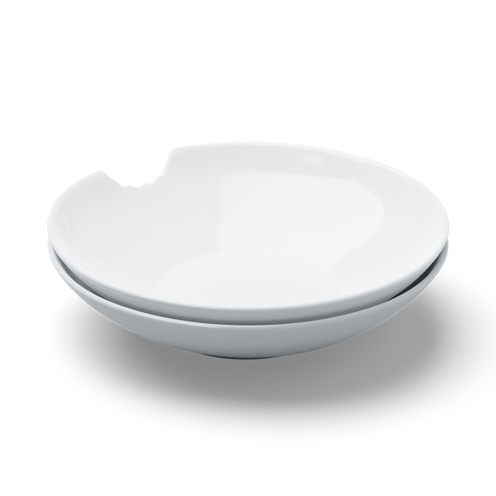 Set of two premium porcelain small deep plates in white with a 'bite mark' cutout at the edge. Dishwasher and microwave safes plate with a compact 7.1 inch diameter. From the porcelain product family of fun dishware by FIFTYEIGHT Products. Made in Germany according to environmental standards.