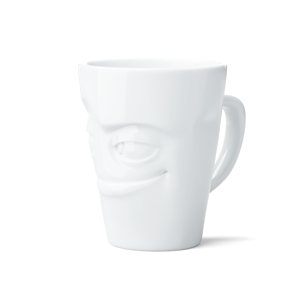 Premium porcelain coffee mug with handle from the porcelain product family of fun dishware by FIFTYEIGHT Products. Offers 11 oz capacity for serving coffee, tea, latte, matcha, soup and more. Dishwasher and microwave safe cup with a 'impish' facial expression. Shipped in exclusively designed gift box.