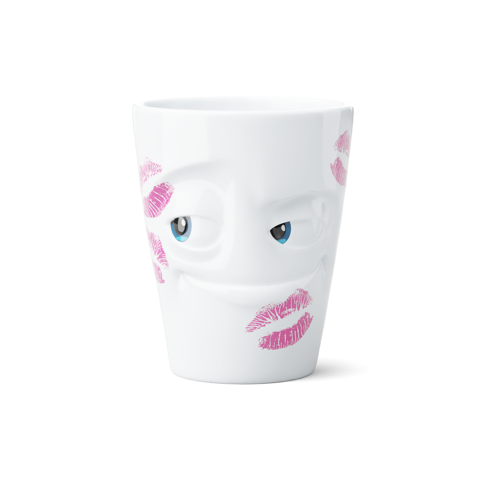 Premium porcelain coffee mug with handle from the popular porcelain family of fun dishware by FIFTYEIGHT Products. Special art edition with colorful accents . Offers 11 oz capacity for serving coffee, tea, latte, matcha, soup and more. Dishwasher and microwave safe cup with a 'impish' facial expression and fun lipstick marks as a KISSED edition. Shipped in exclusively designed gift box.