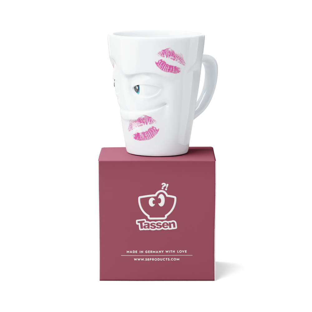 Premium porcelain coffee mug with handle from the popular porcelain family of fun dishware by FIFTYEIGHT Products. Special art edition with colorful accents . Offers 11 oz capacity for serving coffee, tea, latte, matcha, soup and more. Dishwasher and microwave safe cup with a 'impish' facial expression and fun lipstick marks as a KISSED edition. Shipped in exclusively designed gift box.