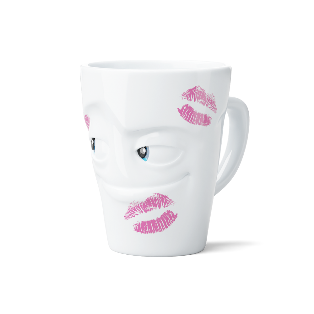 Premium porcelain coffee mug with handle from the popular porcelain family of fun dishware by FIFTYEIGHT Products. Special art edition with colorful accents . Offers 11 oz capacity for serving coffee, tea, latte, matcha, soup and more. Dishwasher and microwave safe cup with a 'impish' facial expression and fun lipstick marks as a KISSED edition. Shipped in exclusively designed gift box.