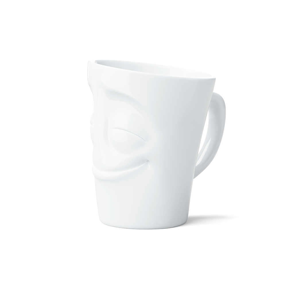 Premium porcelain coffee mug with handle from the porcelain product family of fun dishware by FIFTYEIGHT Products. Offers 11 oz capacity for serving coffee, tea, latte, matcha, soup and more. Dishwasher and microwave safe cup with a 'cheery' facial expression. Shipped in exclusively designed gift box.