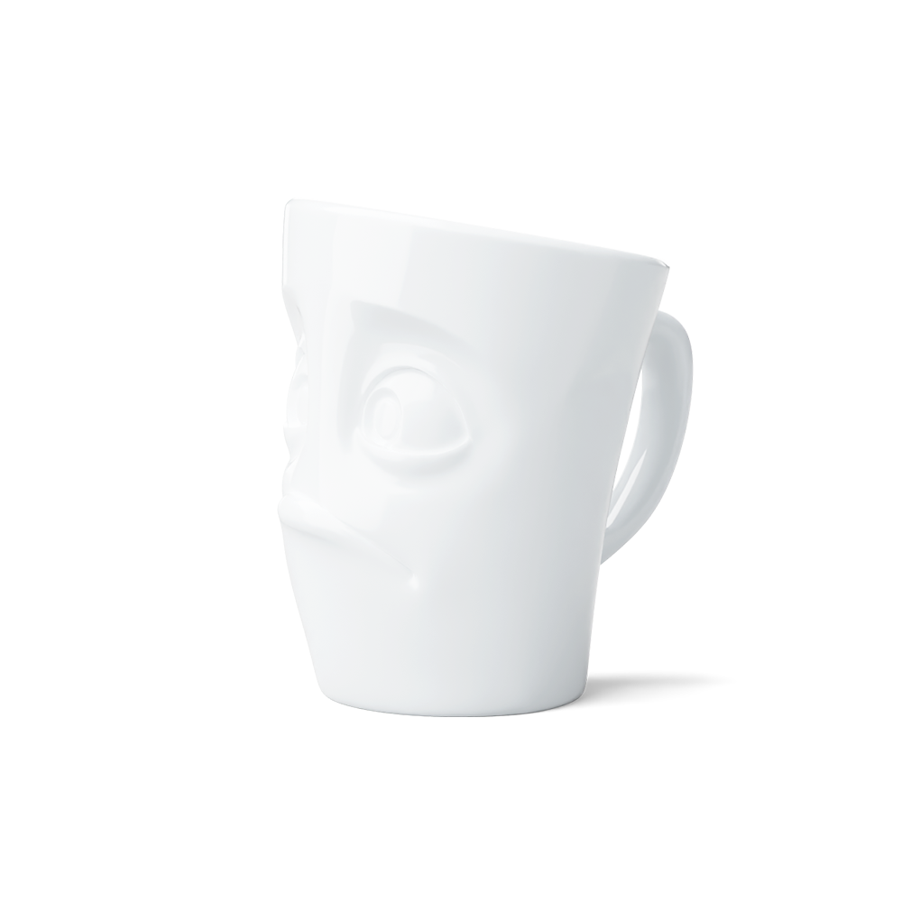 Premium porcelain coffee mug with handle from the porcelain product family of fun dishware by FIFTYEIGHT Products. Offers 11 oz capacity for serving coffee, tea, latte, matcha, soup and more. Dishwasher and microwave safe cup with a 'baffled' facial expression. Shipped in exclusively designed gift box.