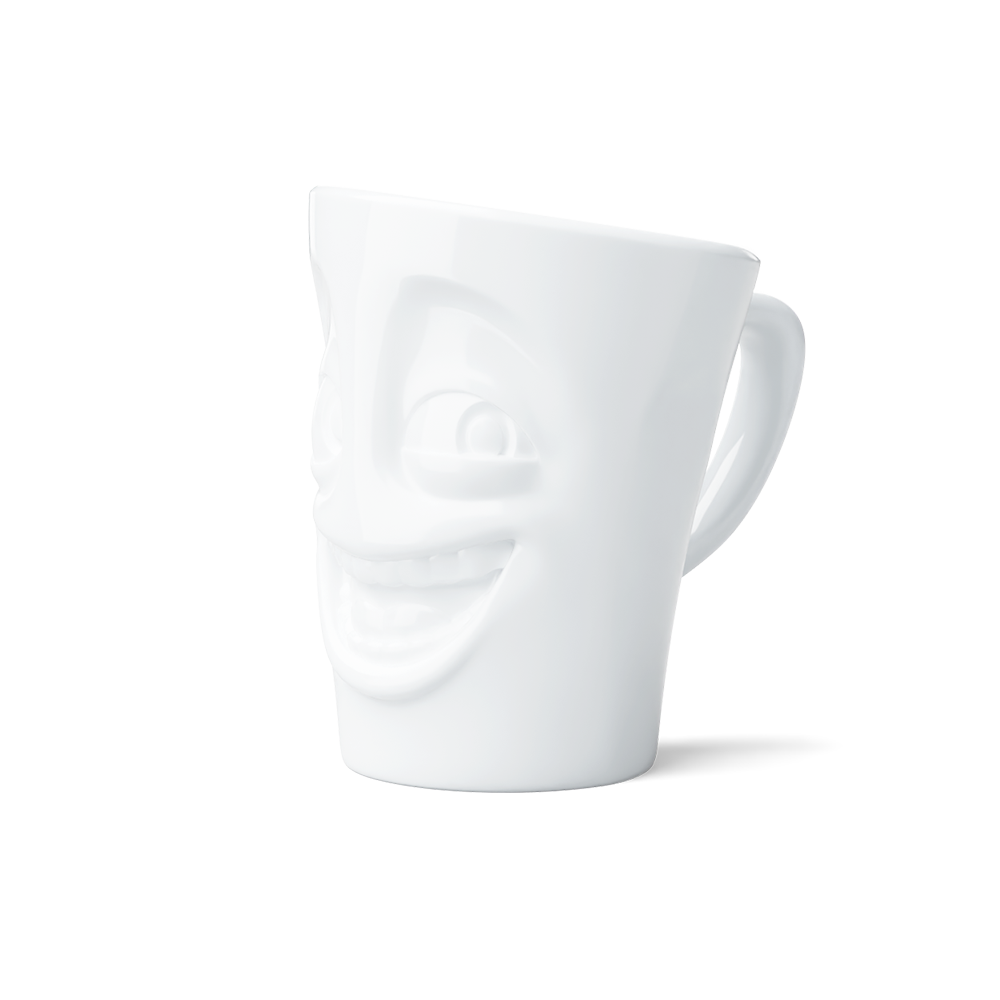 Premium porcelain coffee mug with handle from the porcelain product family of fun dishware by FIFTYEIGHT Products. Offers 11 oz capacity for serving coffee, tea, latte, matcha, soup and more. Dishwasher and microwave safe cup with a 'joking' facial expression. Shipped in exclusively designed gift box.