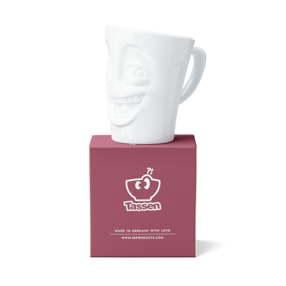 Premium porcelain coffee mug with handle from the porcelain product family of fun dishware by FIFTYEIGHT Products. Offers 11 oz capacity for serving coffee, tea, latte, matcha, soup and more. Dishwasher and microwave safe cup with a 'joking' facial expression. Shipped in exclusively designed gift box.