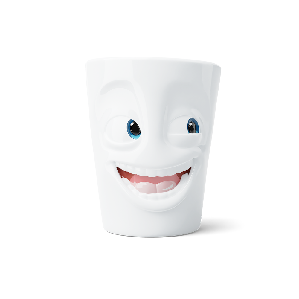 Premium porcelain coffee mug with handle from the popular porcelain family of fun dishware by FIFTYEIGHT Products. Special art edition with colorful accents applied by hand. Offers 11 oz capacity for serving coffee, tea, latte, matcha, soup and more. Dishwasher and microwave safe cup with a 'joking' facial expression. Shipped in exclusively designed gift box.