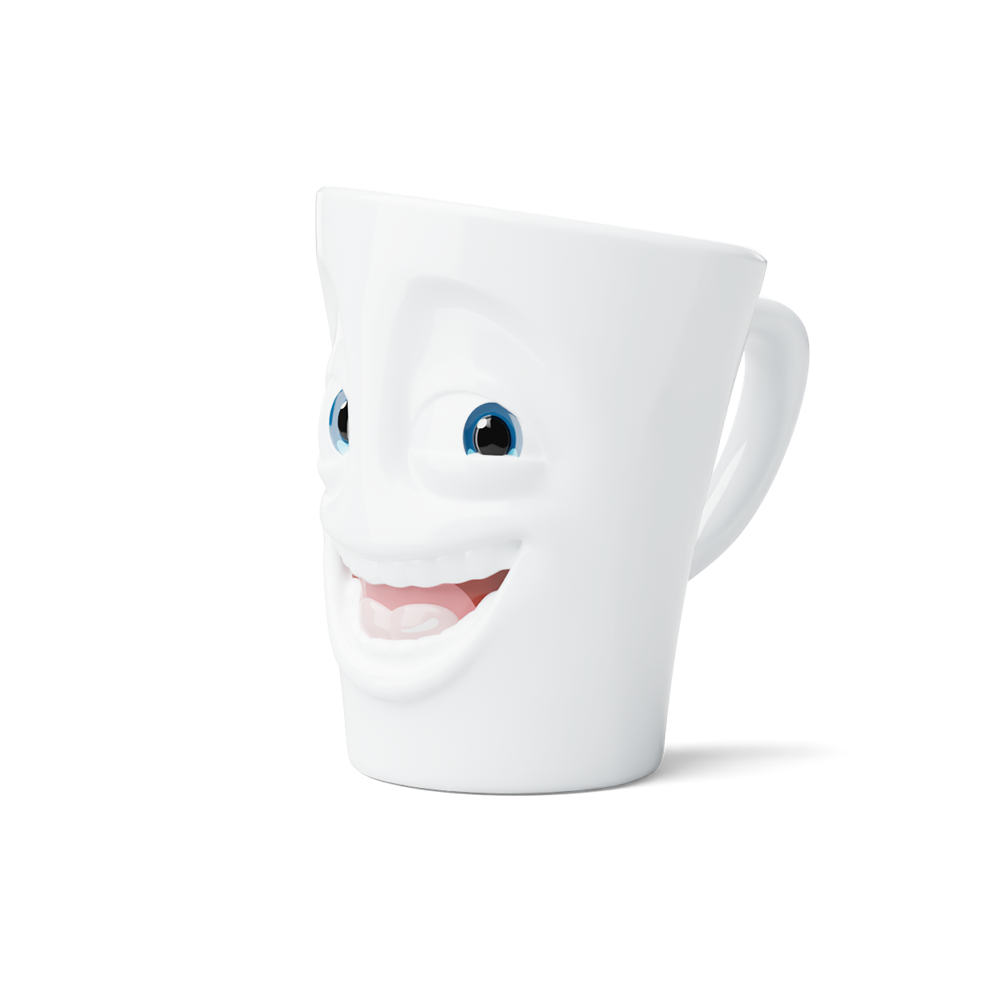 Premium porcelain coffee mug with handle from the popular porcelain family of fun dishware by FIFTYEIGHT Products. Special art edition with colorful accents applied by hand. Offers 11 oz capacity for serving coffee, tea, latte, matcha, soup and more. Dishwasher and microwave safe cup with a 'joking' facial expression. Shipped in exclusively designed gift box.