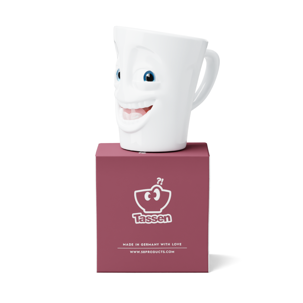 Premium porcelain coffee mug with handle from the popular porcelain family of fun dishware by FIFTYEIGHT Products. Special art edition with colorful accents applied by hand. Offers 11 oz capacity for serving coffee, tea, latte, matcha, soup and more. Dishwasher and microwave safe cup with a 'joking' facial expression. Shipped in exclusively designed gift box.
