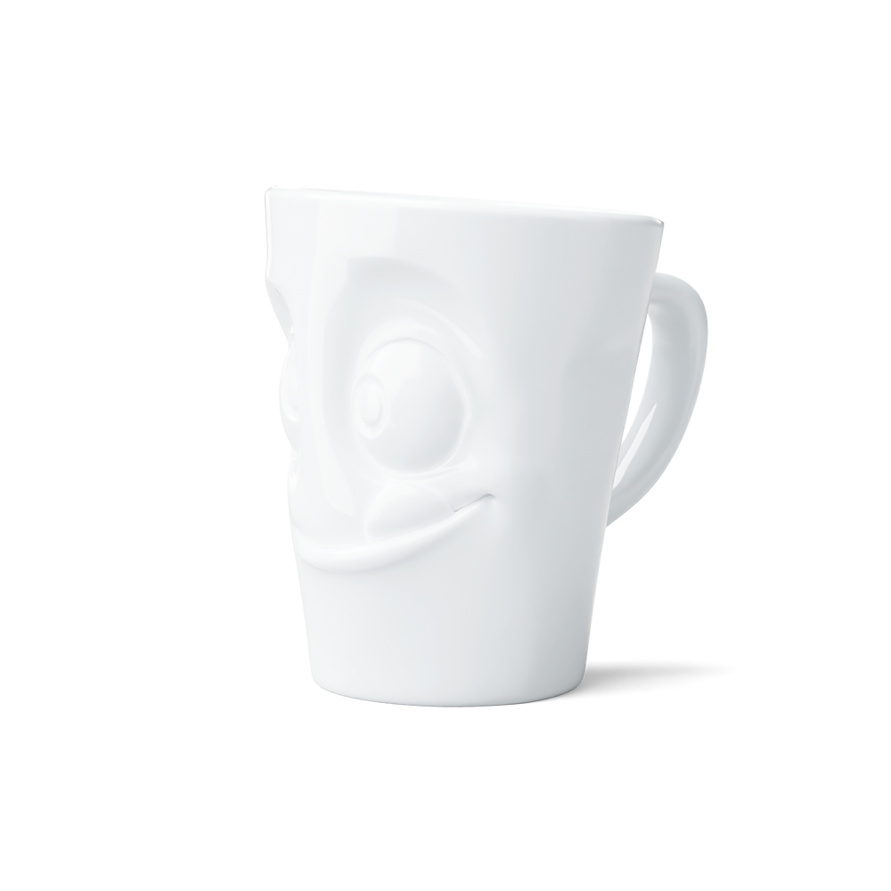 Premium porcelain coffee mug with handle from the porcelain product family of fun dishware by FIFTYEIGHT Products. Offers 11 oz capacity for serving coffee, tea, latte, matcha, soup and more. Dishwasher and microwave safe cup with a 'tasty' facial expression. Shipped in exclusively designed gift box.