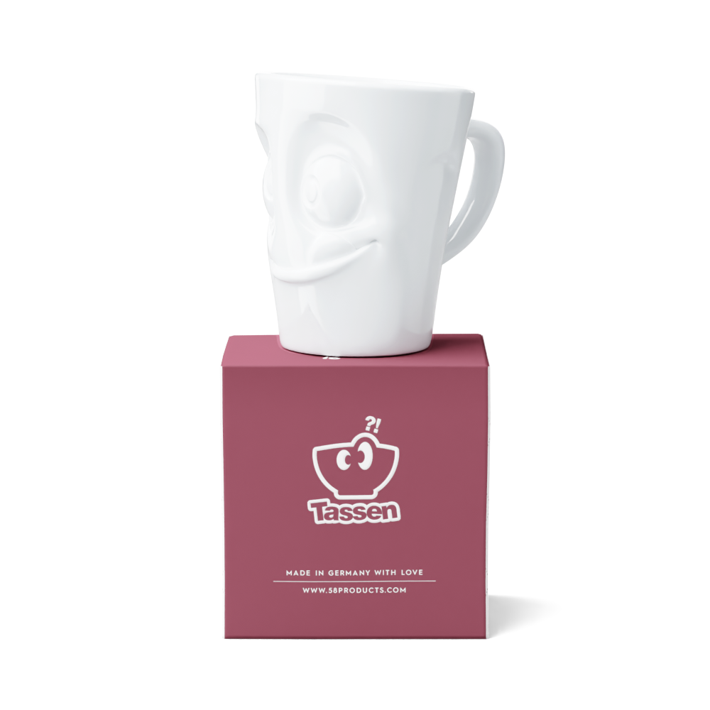 Premium porcelain coffee mug with handle from the porcelain product family of fun dishware by FIFTYEIGHT Products. Offers 11 oz capacity for serving coffee, tea, latte, matcha, soup and more. Dishwasher and microwave safe cup with a 'tasty' facial expression. Shipped in exclusively designed gift box.