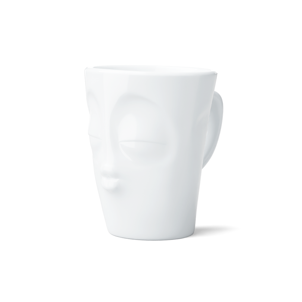 Premium porcelain coffee mug with handle from the popular porcelain family of fun dishware by FIFTYEIGHT Products. Special art edition with colorful accents applied by hand. Offers 11 oz capacity for serving coffee, tea, latte, matcha, soup and more. Dishwasher and microwave safe cup with a 'kissing' facial expression. Shipped in exclusively designed gift box.