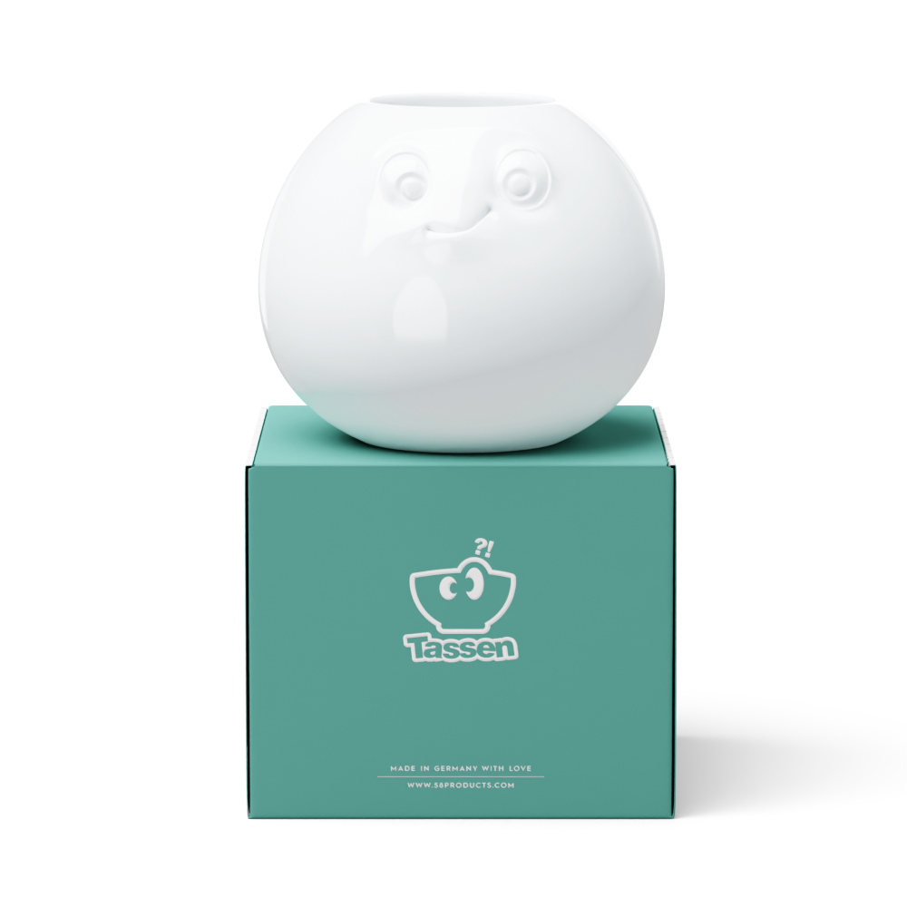 Exclusive designer flower vase made from premium porcelain with an 'amused' facial expression. Stands at 6.5 inches tall on a footed base. From the popular product family of fun porcelain ware by FIFTYEIGHT Products. Made in Germany according to environmental standards.