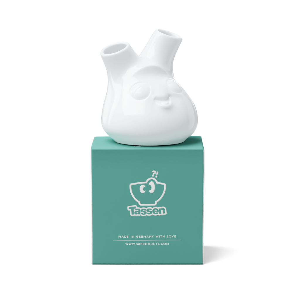 Exclusive designer flower vase made from premium porcelain with a 'cheeky' facial expression. Stands at 3.9 inches tall on a footed base. From the porcelain product family of fun dishware by FIFTYEIGHT Products. Made in Germany according to environmental standards.