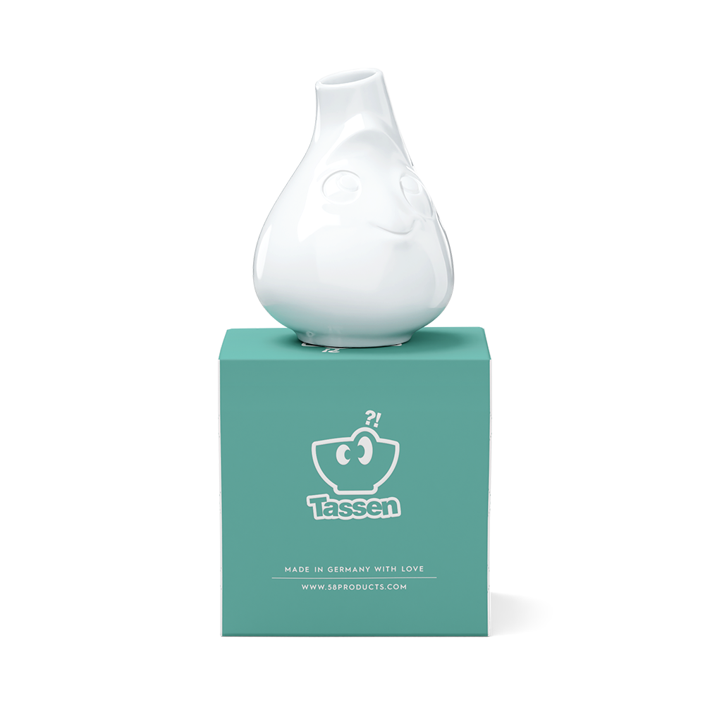 Exclusive designer flower vase made from premium porcelain with a 'cute' facial expression. Stands at 3.9 inches tall on a footed base. From the porcelain product family of fun dishware by FIFTYEIGHT Products. Made in Germany according to environmental standards.