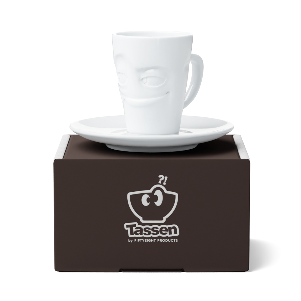 Premium porcelain espresso cup with saucer in white from the porcelain product family of fun dishware by FIFTYEIGHT Products. Offers 2.7 oz capacity and comes with a matching saucer. Dishwasher and microwave safe cup with an 'impish' facial expression. Shipped in exclusively designed gift box.