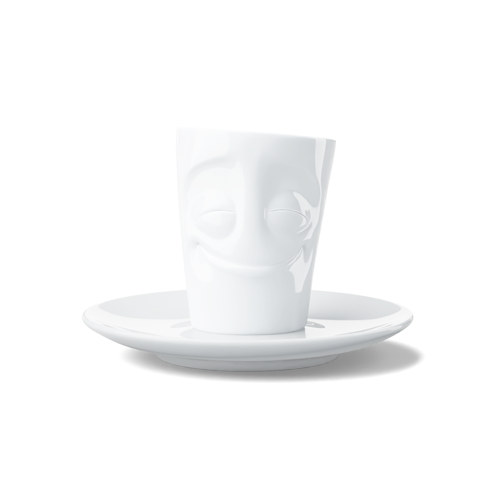 Premium porcelain espresso cup with saucer in white from the porcelain product family of fun dishware by FIFTYEIGHT Products. Offers 2.7 oz capacity and comes with a matching saucer. Dishwasher and microwave safe cup with an 'cheery' facial expression. Shipped in exclusively designed gift box.