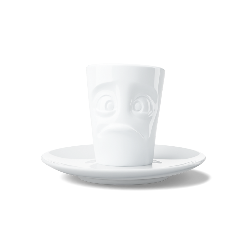 Premium porcelain espresso cup with saucer in white from the porcelain product family of fun dishware by FIFTYEIGHT Products. Offers 2.7 oz capacity and comes with a matching saucer. Dishwasher and microwave safe cup with an 'baffled' facial expression. Shipped in exclusively designed gift box.