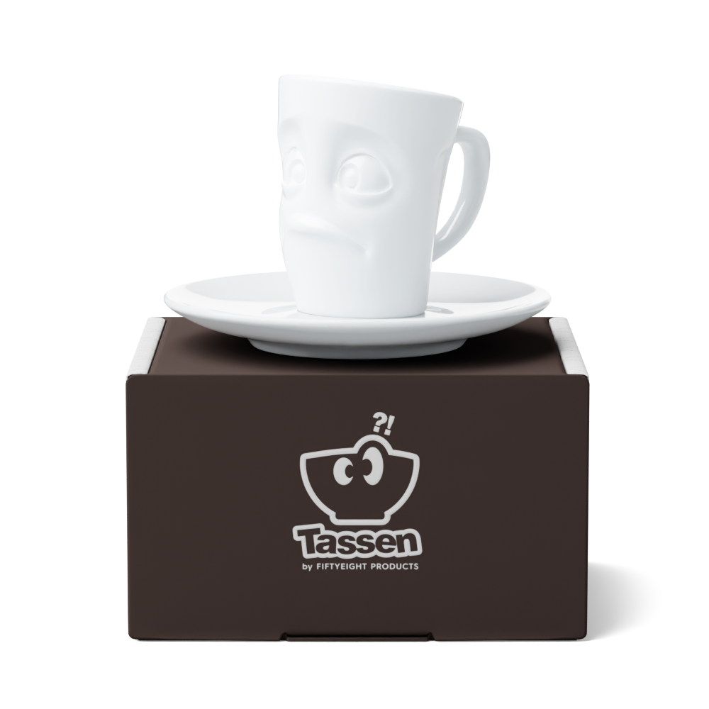 Premium porcelain espresso cup with saucer in white from the porcelain product family of fun dishware by FIFTYEIGHT Products. Offers 2.7 oz capacity and comes with a matching saucer. Dishwasher and microwave safe cup with an 'baffled' facial expression. Shipped in exclusively designed gift box.